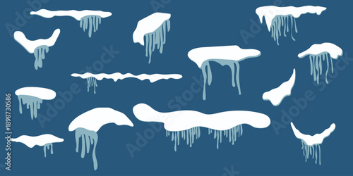 Snowy piles and snow caps. Vector realistic icons set, mountains or hills summits and peaks. Snowfall and blizzard, snowdrift with ice. Seasonal weather design, Christmas and new year decor