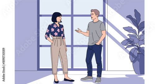 Modern office illustration of two colleagues having friendly conversation, casual workplace discussion concept showing teamwork communication and collaboration in bright interior space