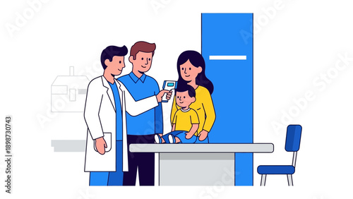 Pediatric Examination: A medical professional uses a thermometer to check a young child's temperature during a health check-up, emphasizing care and examination in the context of medicine.