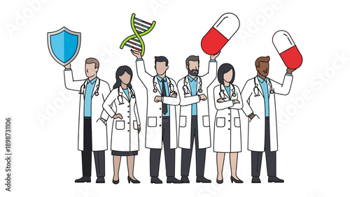 Medical Team's Commitment to Wellness: A dedicated medical team, each holding symbols of health and knowledge, stands united. This illustrates a strong commitment to wellness.