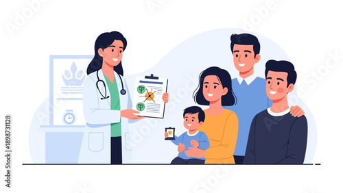 Healthcare Consultation: A medical professional consults with a family, displaying results, symbolizing trust and care, and emphasizing the value of health and well-being.