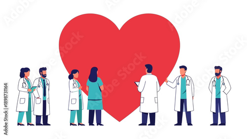 Caregiving with Heart: A team of healthcare professionals united, standing beneath a symbolic, vibrant red heart, embodying care, compassion, and well-being.