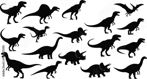 Black dinosaur silhouettes vector set including T-Rex triceratops and pterodactyl, prehistoric jurassic animal collection, extinct wildlife elements isolated on white background