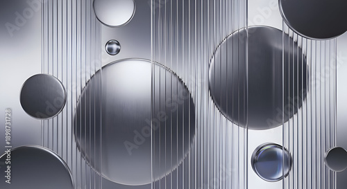 3d rendering. Abstract minimalist geometric background featuring round metallic shapes. Fluted glass
