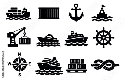 Modern icon nautical set featuring various ships, shipping containers, anchors, buoys, and navigation elements for shipping, travel, and logistics industry