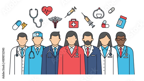 Healthcare Heroes Unite: A dedicated assembly of medical professionals, equipped with essential tools, stands united.