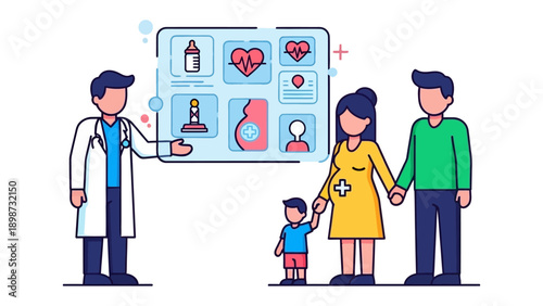 Digital health care for Family: A doctor points to a digital health care screen while consulting with family. The screen shows the icons of health for Family care. 