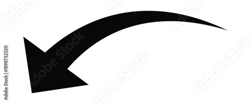 Black curved arrow pointing downwards left side. Black curve arrow isolated on white background.