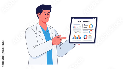 Healthcare insights: A medical professional uses a digital tablet to showcase detailed health data, including charts, graphs, and insightful reports, representing the evolution of medical research.