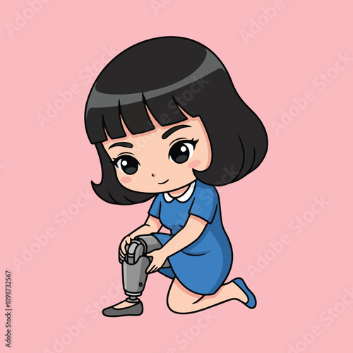 Cute chibi girl with black bob hair adjusting prosthetic leg wearing blue dress kneeling on pink background
