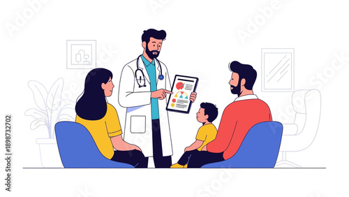 Doctor Consultation: A friendly doctor, consulting with a family, offering reassurance and clear information. Focus on healthcare, support, and well-being. 