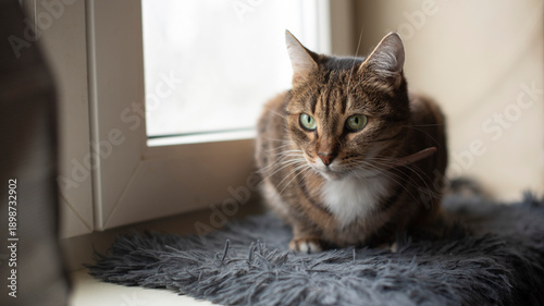 Bild auf Leinwand Brown tabby cat with green eyes sitting on a gray furry mat near a window indoors