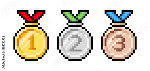 Pixel art medal icons. Pixelated vector illustration of Gold, silver, and bronze medal with colorfull ribbons. Retro 8 bit pixel assets for game