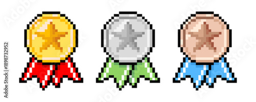 Pixel art game rank medals, level badges. Pixelated vector illustration of Gold, silver, and bronze awards with colorfull ribbons. Retro 8 bit pixel game assets