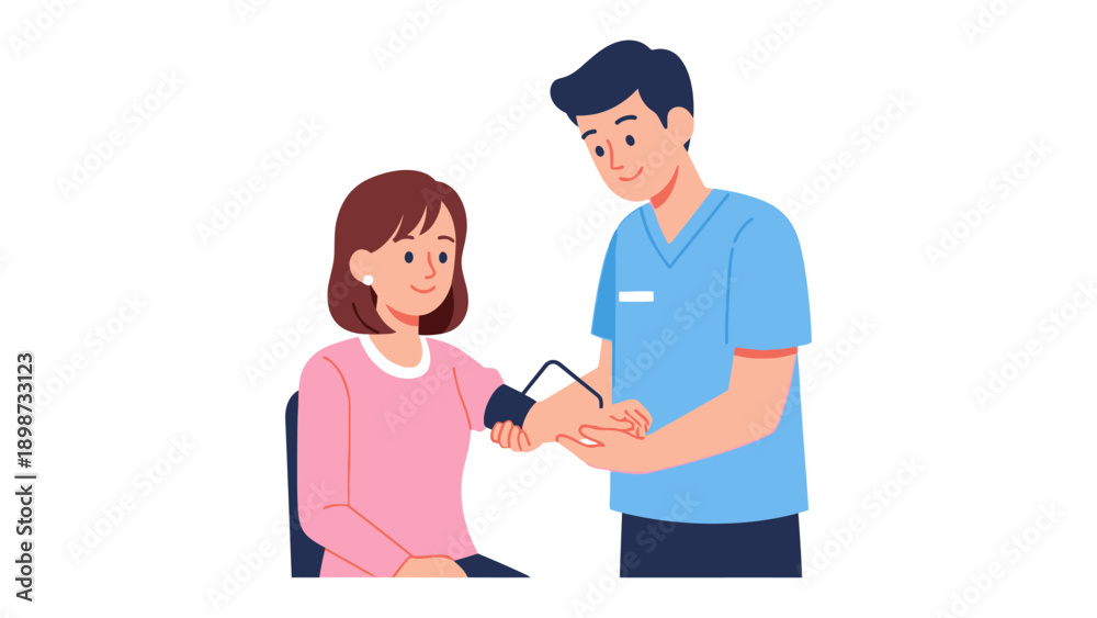 Obraz premium Healthcare Check: a nurse provides healthcare to a patient in medical office. Showing a medical professional taking blood pressure in clinic setting.