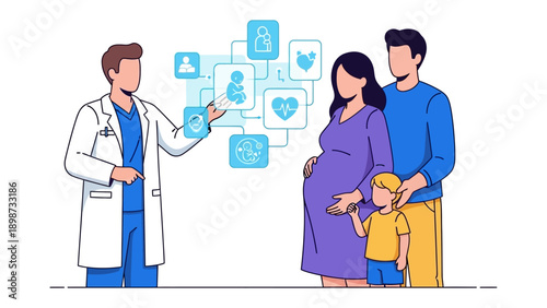 Medical Guidance and Family Wellbeing: A compassionate doctor provides guidance and support to a family, symbolizing healthcare, support, and the journey of family wellbeing. 