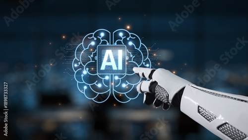 Fotografie A futuristic robotic hand interacts with an AI brain in a modern office, symbolizing the convergence of advanced technology and intelligent systems in today world