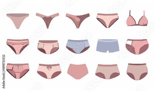 Women underwear types flat vector set with classic thong bikini boyshorts and high waist panties