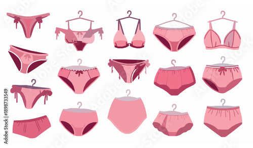 Cartoon women panties collection vector illustration with modern underwear styles on white background