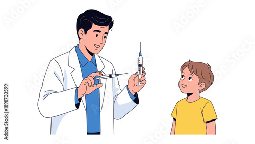 Health Visit: A medical professional prepares an injection while engaging with a young child in a calm and reassuring manner, promoting trust and well-being.