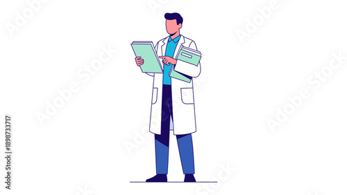 Medical Professional: An illustration of a medical professional, dressed in a lab coat, diligently reviewing documents and demonstrating expertise in a healthcare setting. 