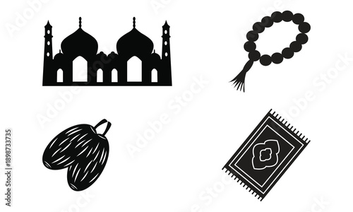Set of four islamic symbols mosque prayer beads dates and prayer rug isolated on white background