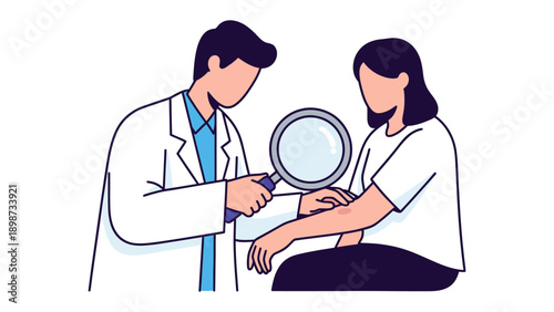 Skin Exam: A medical professional uses a magnifying glass to examine a patient's skin, a moment of focus in the healthcare process, emphasizing medical attention, diagnostic care and skin health.