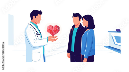 Heart Health Consultation: A doctor explains the importance of heart health to a couple, represented by a conceptual heart, promoting understanding of cardiac wellness and proactive healthcare.
