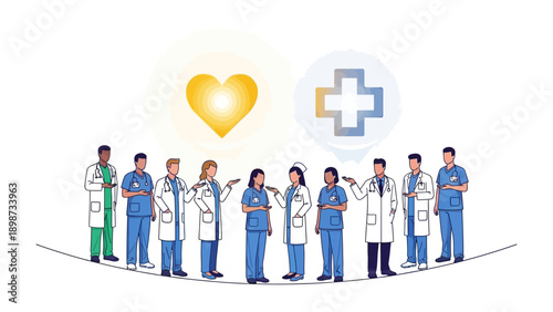 Medical Marvels: A cohesive team of healthcare heroes stands together, united in their unwavering dedication to nurturing the heart and safeguarding health.