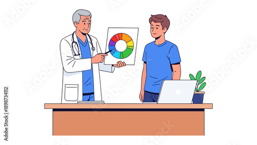Consultation for Color Analysis: A doctor explains a color wheel to a patient, symbolizing the importance of understanding visual elements.