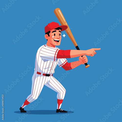 Colorful cartoon smiling baseball player holding bat and pointing forward wearing red cap and striped uniform against blue background