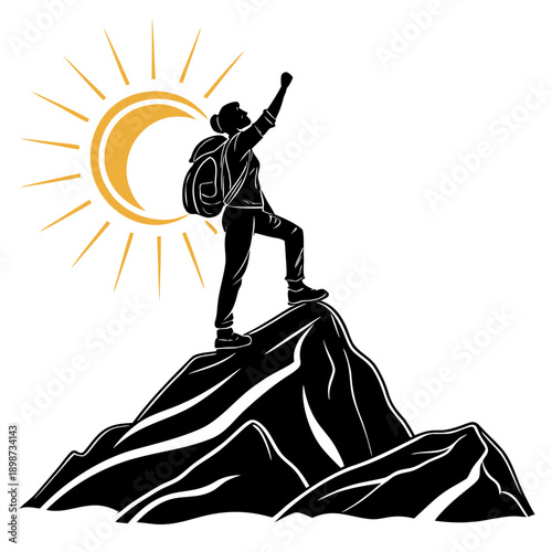 A triumphant hiker standing on a mountain peak with a backpack and raised fist