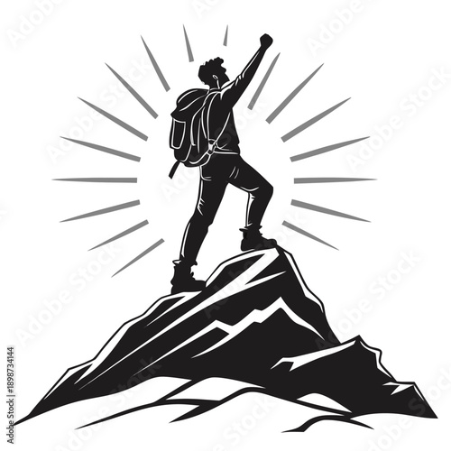 A triumphant hiker standing on a mountain peak with arms raised