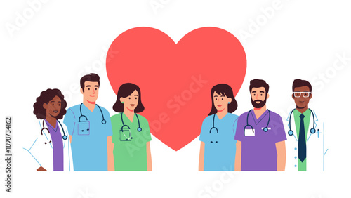Healthcare Heroes United: A supportive group of healthcare professionals stands united, radiating care and compassion, with a symbolic heart symbolizing unwavering dedication to wellbeing.