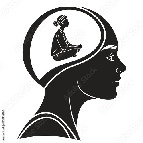 A black and white vector graphic illustration of a woman meditating inside another woman's head