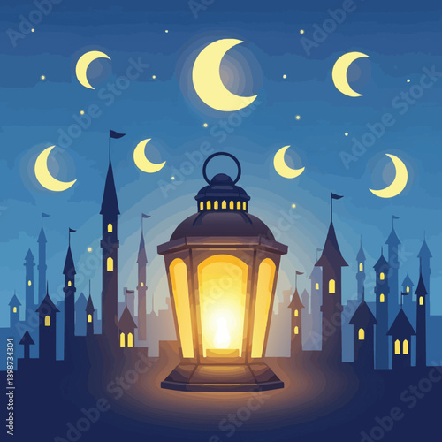Colorful illustration close up glowing lantern on rooftop with crescent moons and minaret skyline at night warm lighting ramadan festive calm