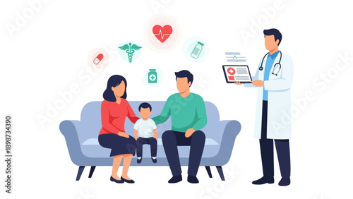Family's Wellness Check: A family, seated together, consults with a medical professional, representing health and wellness and highlighting the importance of family healthcare.