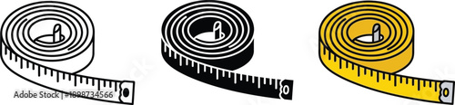 Set of three measuring tape icons coiled and uncoiled in black and white and color representing measurement and precision for design