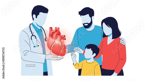 Healthcare for Family: A dedicated physician explains the intricacies of the human heart to a family, emphasizing health and well-being.