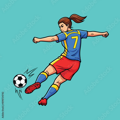 Colorful vector art of female soccer player kicking ball wearing blue and yellow jersey with number seven red shorts and red cleats action pose
