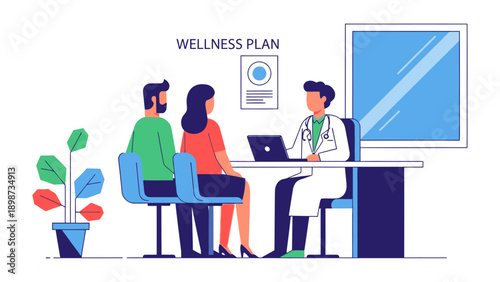 Wellness Consultation: A doctor advises a couple about their personalized wellness plan, providing professional guidance in a calm environment.