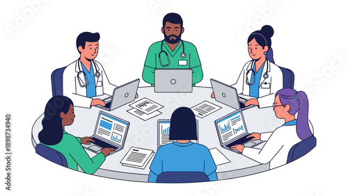 Medical professionals in collaboration: A group of medical professionals collaboratively analyze medical data, engaging in a discussion centered around the effective use of a laptop computer. 