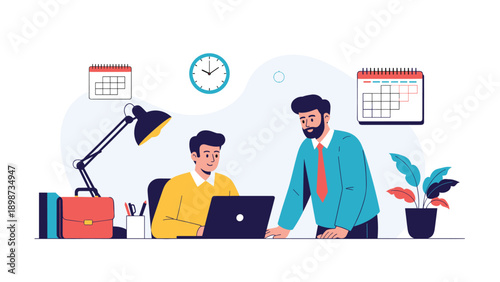 Two professional colleagues collaborating on a project while working at a desk with a laptop and various office supplies in a modern workspace.