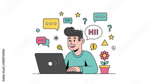 Happy young man working on a laptop surrounded by various colorful communication icons and speech bubbles representing online social networking.