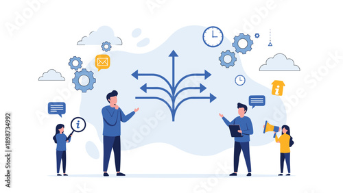 Diverse team of people brainstorming and analyzing different paths and directions illustrated by multiple arrows representing strategic choices.