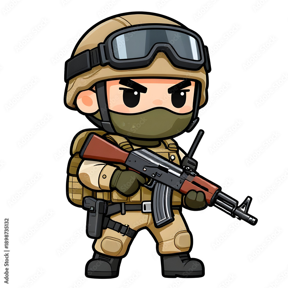 Naklejka premium A sturdy special forces soldier with a combat weapon, fully equipped in special combat gear. Cartoon mascot, illustration, clean lines, flat design, modern, high quality