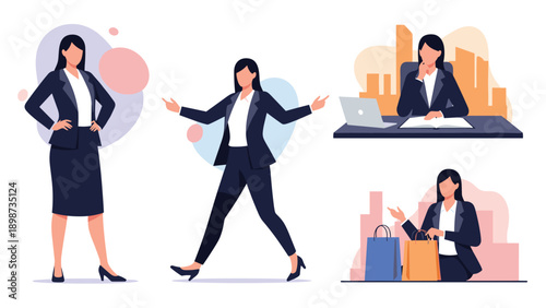 Professional business woman shown in various poses including standing confidently, presenting, working at a desk, and carrying shopping bags.