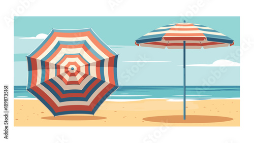 Two colorful striped beach umbrellas standing on the golden sand by the calm blue sea under a clear sunny sky on a summer holiday.