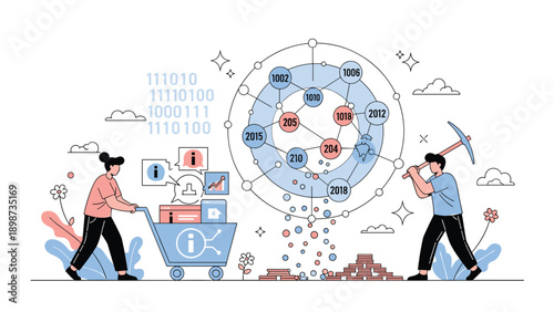 People working together to extract and process digital data from a complex network circle representing data mining and information analysis.