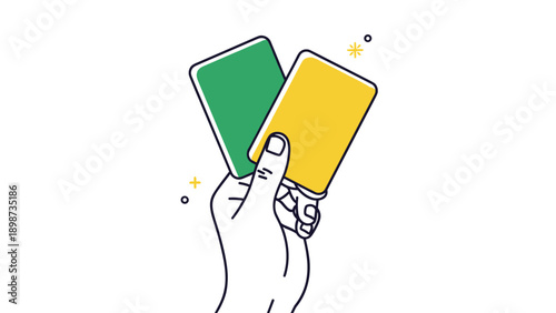 Hand holding up a green card and a yellow card against a plain background representing warnings and permissions in sports or business.